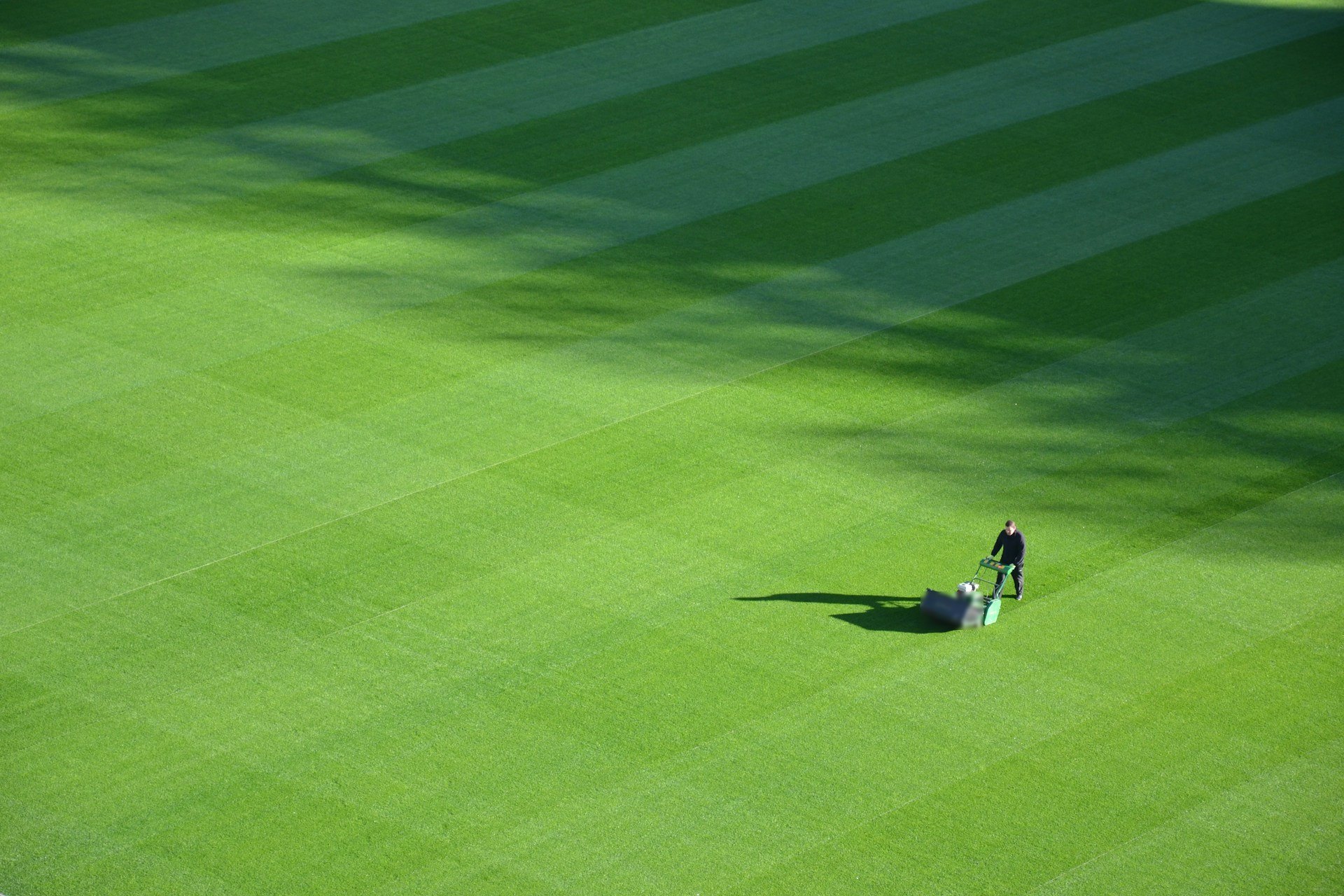 A groundskeeper pushing a mower across freshly striped turf, seen from above