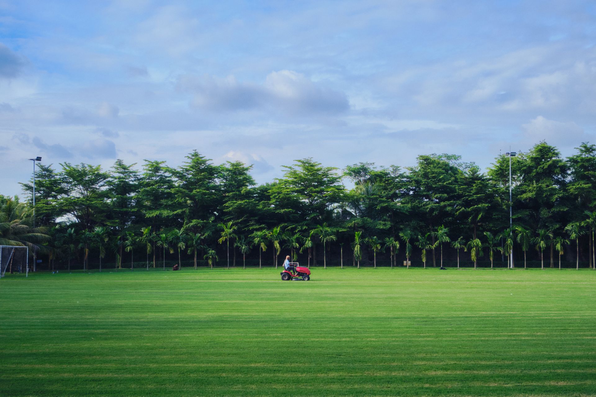 A riding mower on a large lawn lined with trees
